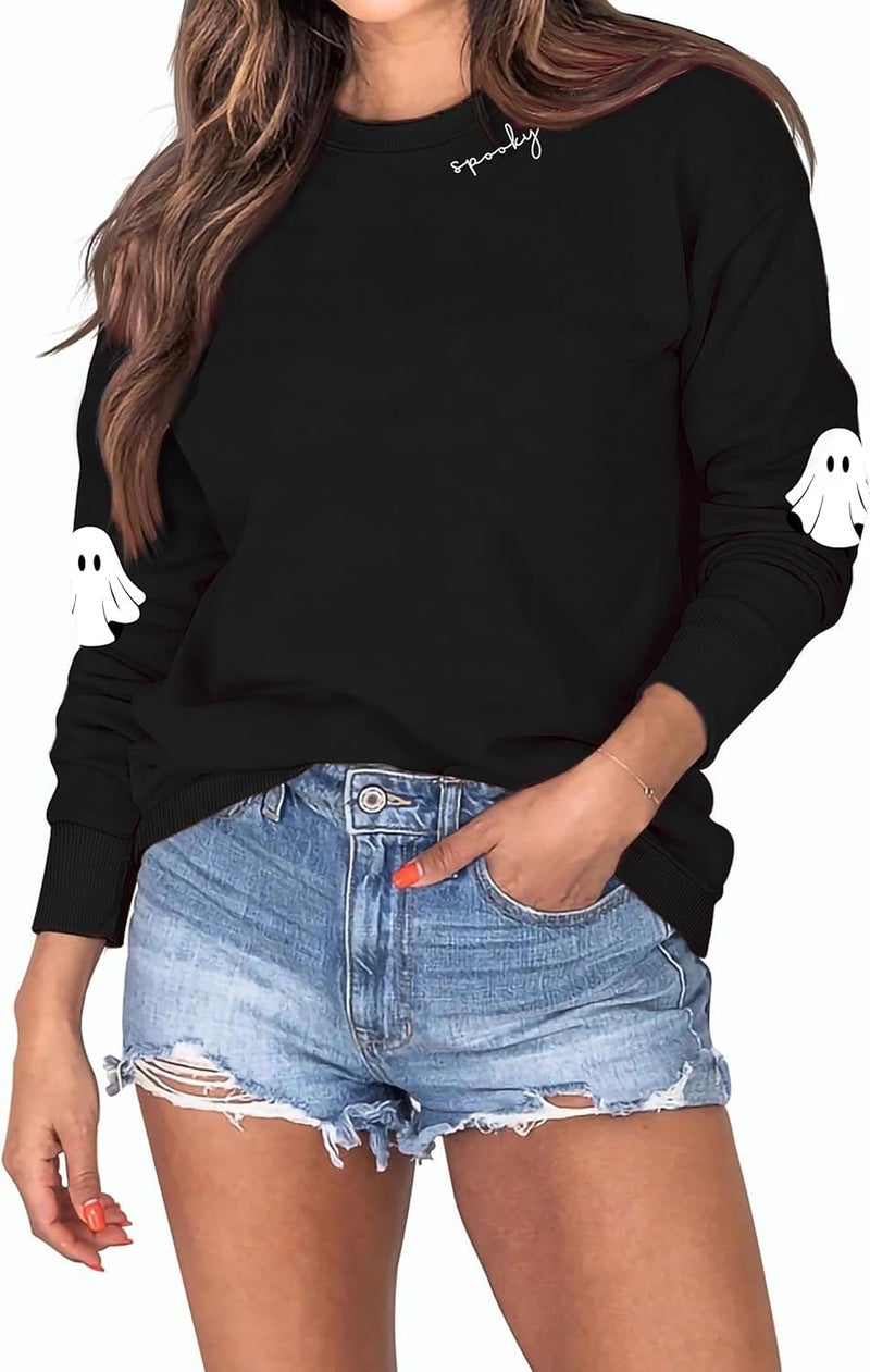 Holoholo Halloween Sweatshirts Women Spooky Season Shirt Funny Ghost Graphic Halloween Shirts Long Sleeve Pullover Tops Black - Image 5